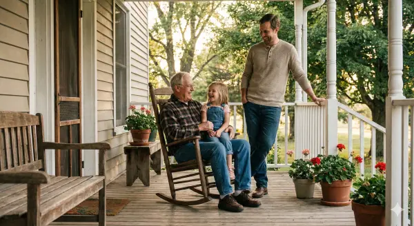 Father, grandfather and grandchild smiling on porch