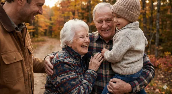 Smiling grandma, grandpa and grandchild
