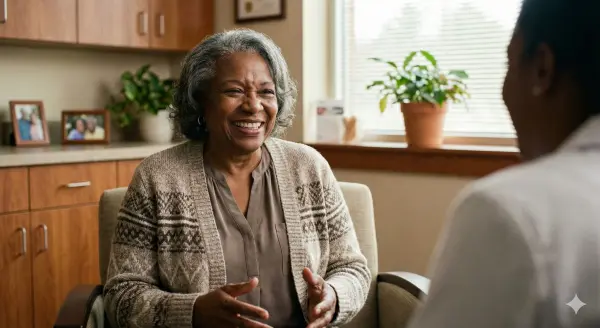 Elderly woman smiling at medical appiontment