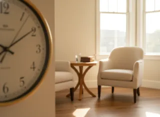Wall clock in foreground with a warm consultation room and comfortable chair visible behind it