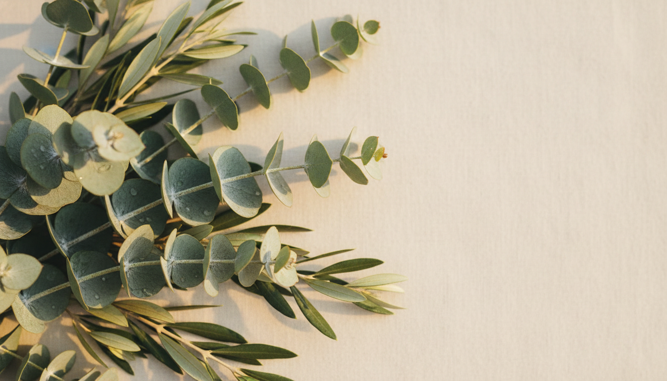 Fresh eucalyptus and olive branches on soft cream linen in warm morning light