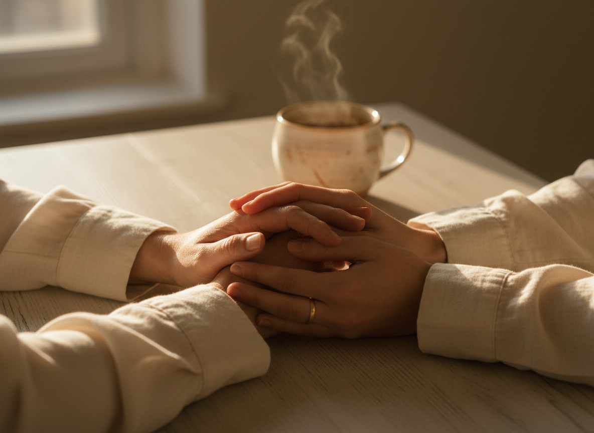 Two women holding warm mugs in conversation by a sunlit window