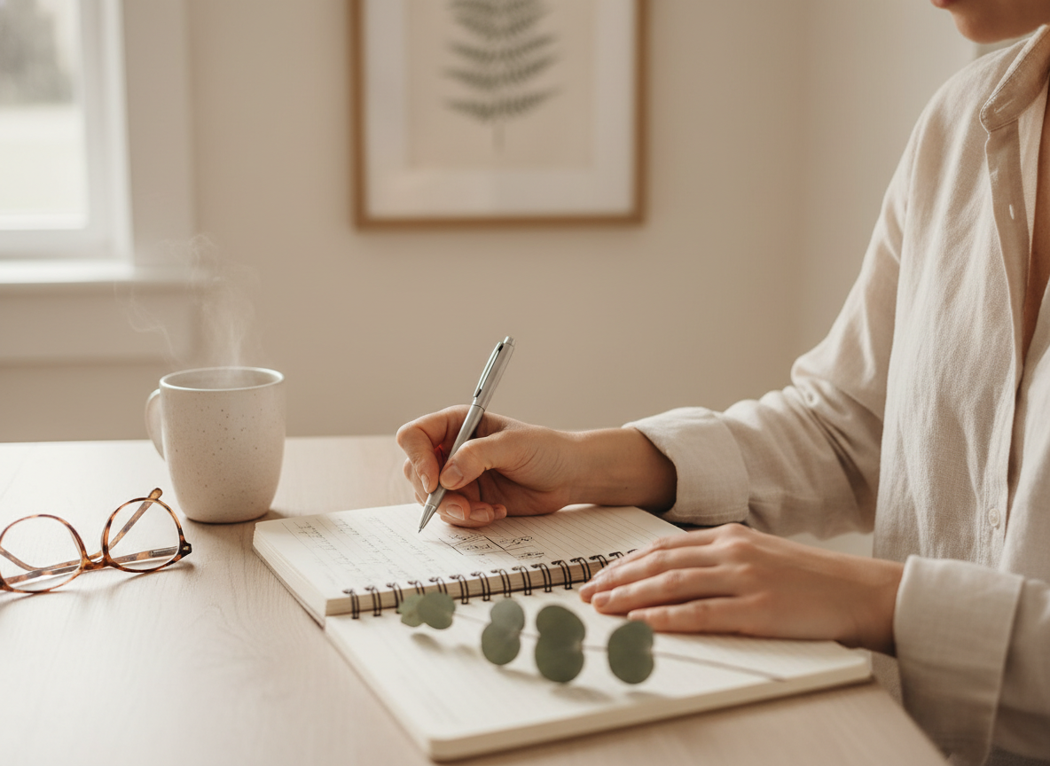 Open notebook with handwritten notes beside a sprig of eucalyptus and a ceramic mug