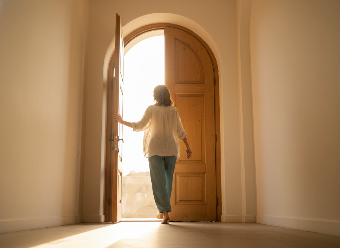 A woman walking confidently out of a sunlit doorway, soft cream walls and golden afternoon light